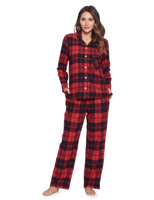 Ashford & Brooks Women's Flannel Plaid Pajamas Long Pj Set - Red Black Tartan - This Ashford & Brooks Women's Luxurious Cozy Long Sleeve Classic Pajama Gift Set is made from durable ultra-soft 64% Cotton /36% Polyester fabric. Designed with a roomy relaxed fit. The Fabric blend is designed to give you that soft and warm touch, at the same time prevent excessive shrinkage unlike the 100% Cotton Flannel fabric. It'll keep you warm and comfortable during the cold winter days yet stylish at the same time. The Womens Pj's 2pc set features; Long Sleeve Notch Collar Sleep Shirt with full button-down closure, 1 chest slip pocket, Plaid patterns with piping. Pajama pants features; Elasticized waist and drawstring bow tie closure for easy pull on and added comfort, Flat front, side seam pockets, approx. 32 inseam. This Two-piece comfort sleepwear PJ set is perfect for sleeping or lounging around the House. Soft to touch feels great against skin, you will not want to get them off! Comes in Beautifully Gift-Wrapped packaging. 