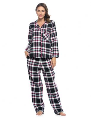 Ashford & Brooks Women's Flannel Plaid Pajamas Long Pj Set - Black/Pink Plaid - This Ashford & Brooks Women's Luxurious Cozy Long Sleeve Classic Pajama Gift Set is made from durable ultra-soft 64% Cotton /36% Polyester fabric. Designed with a roomy relaxed fit. The Fabric blend is designed to give you that soft and warm touch, at the same time prevent excessive shrinkage unlike the 100% Cotton Flannel fabric. It'll keep you warm and comfortable during the cold winter days yet stylish at the same time. The Womens Pj's 2pc set features; Long Sleeve Notch Collar Sleep Shirt with full button-down closure, 1 chest slip pocket, Plaid patterns with piping. Pajama pants features; Elasticized waist and drawstring bow tie closure for easy pull on and added comfort, Flat front, side seam pockets, approx. 32 inseam. This Two-piece comfort sleepwear PJ set is perfect for sleeping or lounging around the House. Soft to touch feels great against skin, you will not want to get them off! Comes in Beautifully Gift-Wrapped packaging. 