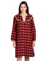 Ashford & Brooks Women's Flannel Plaid Long Sleeve Snap Front Lounge Duster - Red Buffalo Check