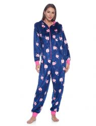 Ashford & Brooks Women's Fleece Hooded One Piece Pajama Jumpsuit - Navy Pink Flamingo