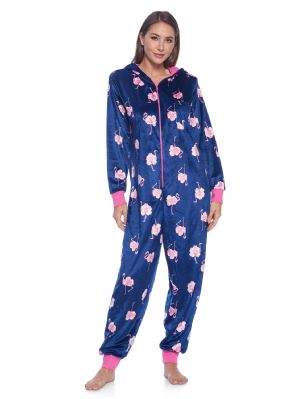 Ashford & Brooks Women's Fleece Hooded One Piece Pajama Jumpsuit - Navy Pink Flamingo - This Ashford & Brooks Women's Luxurious Long Sleeve Union one Piece Pajama Jumpsuit is made of durable ultra-soft 100% Polyester Micro Mink Fleece fabric. It'll keep you cozy, warm, and comfortable during the cold winter days, yet stylish at the same time. This One-piece Pj's features; Easy front zipper closure, long sleeves, attached hood, chest slip pocket, side seam pockets. Printed fun holiday, plaids, dog, buffalo check, patterns with contrast colored trim, zip, cuffs and inner lined hood. Approx. 61" inch length Shoulder to Bottom. This beautiful Zip Up Pajama Body Suit offers a relaxed fit perfect for sleeping or lounging around. Its soft to the touch and feels great against skin, you will not want to get them off! A great holiday Gift for her or any other occasion Comes in Beautifully Gift-Wrapped ready packaging. 