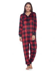 Ashford & Brooks Women's Fleece Hooded One Piece Pajama Jumpsuit - Red Buffalo Check