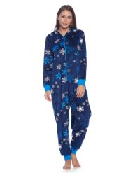 Ashford & Brooks Women's Fleece Hooded One Piece Pajama Jumpsuit - Navy Frozen Snowflake