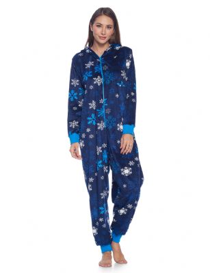 Ashford & Brooks Women's Fleece Hooded One Piece Pajama Jumpsuit - Navy Frozen Snowflake - This Ashford & Brooks Women's Luxurious Long Sleeve Union one Piece Pajama Jumpsuit is made of durable ultra-soft 100% Polyester Micro Mink Fleece fabric. It'll keep you cozy, warm, and comfortable during the cold winter days, yet stylish at the same time. This One-piece Pj's features; Easy front zipper closure, long sleeves, attached hood, chest slip pocket, side seam pockets. Printed fun holiday, plaids, dog, buffalo check, patterns with contrast colored trim, zip, cuffs and inner lined hood. Approx. 61" inch length Shoulder to Bottom. This beautiful Zip Up Pajama Body Suit offers a relaxed fit perfect for sleeping or lounging around. Its soft to the touch and feels great against skin, you will not want to get them off! A great holiday Gift for her or any other occasion Comes in Beautifully Gift-Wrapped ready packaging. 