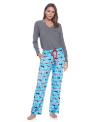 Ashford & Brooks Women's Long Sleeve Cotton Top Fleece Pants Pajama Set - Turquoise Dog Love