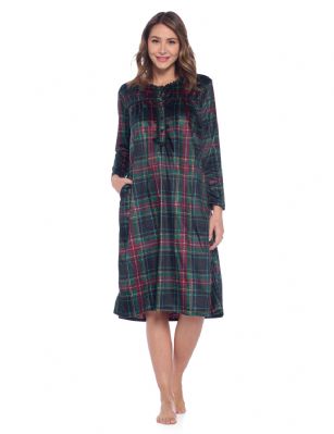 Ashford & Brooks Women's Mink Fleece Long Sleeve Nightgown - Black Stewart Plaid - This Ashford & Brooks womens Mink-Fleece Long Sleeve Long Nightgown offered in beautiful prints and patterns is made of Premium lightweight ultra-soft non-irritating Micro mink fleece fabric, that feels super soft against the skin and will keep you warm, cozy and comfy but not hot, yet stylish at the same time. The Modest Night dress features: Long sleeves with elastic cuffs, Lace Trim Round neck, Contrast piping and pleated top, easy 7 button closure, 2 side seam pockets and Ankle length Measures approx. 50" inches from shoulder to hem. A comfortable loose fit style perfect for sleeping, relax in or lounge around the house. It makes a great Mothers Day, Holiday Gift for any woman! She will sure love it!!!