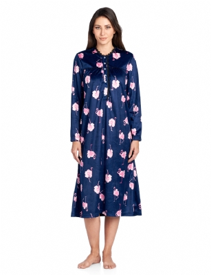 Ashford & Brooks Women's Mink Fleece Long Sleeve Nightgown - Navy Pink Flamingo - This Ashford & Brooks womens Mink-Fleece Long Sleeve Long Nightgown offered in beautiful prints and patterns is made of Premium lightweight ultra-soft non-irritating Micro mink fleece fabric, that feels super soft against the skin and will keep you warm, cozy and comfy but not hot, yet stylish at the same time. The Modest Night dress features: Long sleeves with elastic cuffs, Lace Trim Round neck, Contrast piping and pleated top, easy 7 button closure, 2 side seam pockets and Ankle length Measures approx. 50" inches from shoulder to hem. A comfortable loose fit style perfect for sleeping, relax in or lounge around the house. It makes a great Mothers Day, Holiday Gift for any woman! She will sure love it!!!