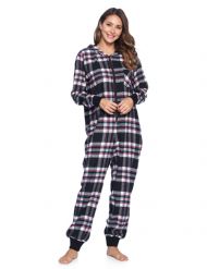 Ashford & Brooks Women's Flannel Hooded One Piece Pajama Union Jumpsuit - Black/Pink Plaid