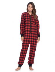 Ashford & Brooks Women's Flannel Hooded One Piece Pajama Union Jumpsuit - Red Buffalo Check