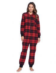Ashford & Brooks Women's Flannel Hooded One Piece Pajama Union Jumpsuit - Red Black Tartan