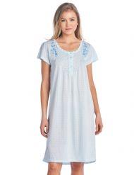 Casual Nights Women's Fancy Lace Flower Short Sleeve Nightgown - Embroidered/Blue