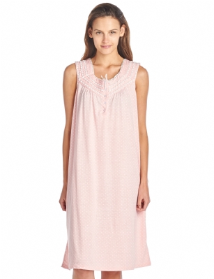 Casual Nights Women's Fancy Lace Trim Sleeveless Nightgown - Dot Peach - Please use this size chart to determine which size will fit you best, if your measurements fall between two sizes we recommend ordering a larger size as most people prefer their sleepwear a little looser. Medium: Measures US Size 68, Chests/Bust 35-36" Large: Measures US Size 10-12, Chests/Bust 37-38" X-Large: Measures US Size 12-14, Chests/Bust 38.5-40" XX-Large: Measures US Size 16-18, Chests/Bust 41.5-43" Hit the sack in total comfort with this Soft and lightweight Knit Night Gown from Casual Nights in fun floral, stripe, and dot patterns. Sleeveless Nightshirt features: 5 Button closure, square neck, detailed with lace and ribbon for an extra feminine touch. Approximately 40" from shoulder to hem. A comfortable fit perfect for sleeping or lounging around the house as a day dress. 