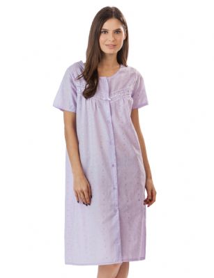 Casual Nights Women's Short Sleeve Eyelet Embroidered House Dress - Purple - Please use this size chart to determine which size will fit you best, if your measurements fall between two sizes we recommend ordering a larger size as most people prefer their sleepwear a little looser. Small: Measures US Size 68, Chests/Bust 35-36" Medium: Measures US Size 12-14, Chests/Bust 38.5-40" Large: Measures US Size 14-16, Chests/Bust 40-42" X-Large: Measures US Size 16-18, Chests/Bust 42.5"-44 XX-Large: Measures US Size 18-20, Chests/Bust 44.5"-46 XXX-Large: Measures US Size 20-22, Chests/Bust 46.5"-48 XXXX-Large: Measures US Size 22-24, Chests/Bust 48.5"-50 Hit the sack in total comfort with this Soft and lightweight Cotton Blend House Coat from our Lounge Dresses & MuuMuus collection, designed in a beautiful embroidered eyelet pattern, This duster features Button down closure, Short sleeves, length measures aprrox 41" inch, Satin Ribbon and Embroidery detail for an extra feminine touch. This Easy Muumuu Lounger will keep you comfortable and stylish to wear it around the house or to sleep in.