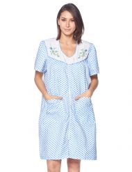 Casual Nights Women's Zipper Front House Dress Short Sleeves Embroidered Seersucker Housecoat Duster Lounger - Dots Blue