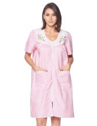 Casual Nights Women's Zipper Front House Dress Short Sleeves Embroidered Seersucker Housecoat Duster Lounger - Dots Pink