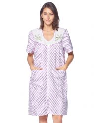 Casual Nights Women's Zipper Front House Dress Short Sleeves Embroidered Seersucker Housecoat Duster Lounger - Dots Lilac