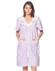 Casual Nights Women's Zipper Front House Dress Short Sleeves Embroidered Seersucker Housecoat Duster Lounger - Dots Lilac