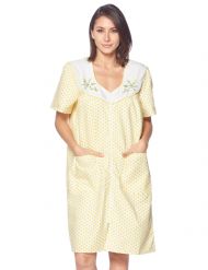 Casual Nights Women's Zipper Front House Dress Short Sleeves Embroidered Seersucker Housecoat Duster Lounger - Dots Yellow