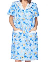 Casual Nights Women's Snap Front House Dress Short Sleeve Woven Duster Housecoat Lounger Sleep Gown - Floral Blue