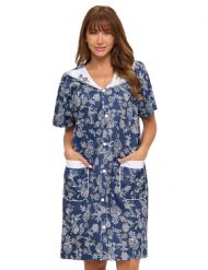 Casual Nights Women's Snap Front House Dress Short Sleeve Woven Duster Housecoat Lounger Sleep Gown - Floral Denim