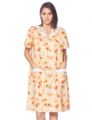 Casual Nights Women's Snap Front House Dress Short Sleeve Woven Duster Housecoat Lounger Sleep Gown - Floral Peach - This lightweight Cute and comfortable House coat with Snaps front closure Duster for ladies from the Casual Nights Loungewear and Sleepwear robes Collection, Thin and light house robe, in beautiful feminine floral print pattern designs. this easy to wear bathrobe is made of 55% Cotton, 45% Poly woven fabric, perfect for spring, summer and all year round! The sleep dresscoat Features: short sleeves gown with full Snaps front closure for easy wearing and easy slipping on/off, flattering V-neck front white yoke with Embroidered flowers, 2 roomy front patch hand pockets, knee length approx. 40 Shoulder to hem. This lounge wear muumuu dress has a relaxed comfortable fit and comes in regular and plus sizes S, M, L, XL, 2X, 3X, 4X. All year winter and summer versatile multi uses, throw over your clothes as house robe while cleaning, washing and cooking, wear around the house as relaxed home day waltz dress, a nightgown to sleep in the spring and hot summer nights as a sleepshirt dress, Our sleep robe gowns is perfect to use for maternity, labor/delivery, hospital gown. Makes a perfect Mothers Day gift for your loved ones, mom, older women or elderly grandmother. Even beautiful enough for outside shopping and walking, comfortable enough for everyday use around the house. Please use our size chart to determine which size will fit you best, if your measurements fall between two sizes, we recommend ordering a larger size as most people prefer their sleepwear a little looser. Small: Measures US Size 4-6, Chests/Bust 34"-35" Medium: Measures US Size 8-10, Chests/Bust 36"-37" Large: Measures US Size 1214, Chests/Bust 38"-40" X-Large: Measures US Size 16-18, Chests/Bust 41"-43" XX-Large: Measures US Size 18W-20W, Chests/Bust 46-48" 3X-Large: Measures US Size 22W-24W, Chests/Bust 50-52" 4X-Large: Measures US Size 26-28, Chests/Bust 54-56" 