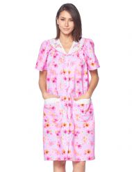 Casual Nights Women's Snap Front House Dress Short Sleeve Woven Duster Housecoat Lounger Sleep Gown - Floral Pink