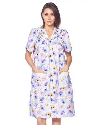 Casual Nights Women's Snap Front House Dress Short Sleeve Woven Duster  Housecoat Lounger Sleep Gown - Floral Purple LA2013NPR