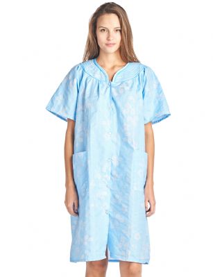 Casual Nights Women's Floral Woven Snap-Front Lounger House Dress - Blue - This fresh and Feminine Short Sleeve Housecoat Duster from Casual Nights Lounge and Sleepwear Collection, designed in floral pattern. House-dress Features: 60% Cotton, 40% Polyester Woven constructions, V-neckline, colored piping detail, 2 handy pockets, hits above the knee approx. 38 length, easy snap front closure sets this muumuu lounger apart from the rest, A comfortable fit to throw over your clothes while cleaning and cooking, wear around the house as day dress or to sleep in. Beautiful enough for special occasions, yet comfortable enough for every day. 
