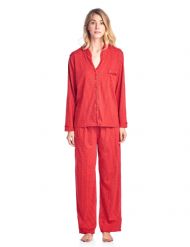 Casual Nights Women's Long Sleeve Floral Lace Trim Pajama Set - Red