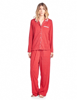 Casual Nights Women's Long Sleeve Floral Button Down Pajama Set - Red Sparkle - Please use our size chart to determine which size will fit you best, if your measurements fall between two sizes we recommend ordering a larger size as most people prefer their sleepwear a little looser.Small: Measures US Size 4-6, Chests/Bust 35-38" Medium: Measures US Size 8-10, Chests/Bust 37-40" Large: Measures US Size 12-14, Chests/Bust 38-42" X-Large: Measures US Size 14-16, Chests/Bust 42-44" XX-Large: Measures US Size 16-18, Chests/Bust 44-46" 3X-Large: Measures US Size 22, Chests/Bust 46-484X-Large: Measures US Size 24, Chests/Bust 50-54"Soft and lightweight Knit Pajamas in a fun floral pattern, coziest pajamas you'll ever own. Features Button down closure, Lace And Ribbon finish, elastic drawstring waist. These pjs offer comfortable straight fit perfect for sleeping or curling up on the couch to watch a movie.
