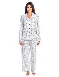 Casual Nights Women's Long Sleeve Rayon Button Down Pajama Set - White/Black Starts