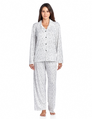 Casual Nights Women's Long Sleeve Rayon Button Down Pajama Set - White/Black Starts - Please use our size chart to determine which size will fit you best, if your measurements fall between two sizes we recommend ordering a larger size as most people prefer their sleepwear a little looser.Medium: Measures US Size 8-10, Chests/Bust 36-38" Large: Measures US Size 12-14, Chests/Bust 38.5-40" X-Large: Measures US Size 16-18, Chests/Bust 41.5-42" XX-Large: Measures US Size 18-20, Chests/Bust 43-45"Soft and lightweight Rayon Knit Pajamas in a fun prints and patterns, coziest pajamas you'll ever own. Features Button down closure with notch collar, matching easy pull on pajama pants with elastic waistband for added comfort, These pjs offer comfortable straight fit perfect for sleeping or curling up on the couch to watch a movie.