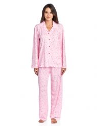 Casual Nights Women's Long Sleeve Rayon Button Down Pajama Set - Pink Starts