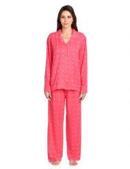 Casual Nights Women's Long Sleeve Rayon Button Down Pajama Set - Red Snow