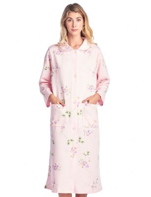 Casual Nights Women's Long Quilted Robe House Dress - Floral Pink - This Long Quilted Lounger Housecoat Robe from Casual Nights, exceptionally lightweight made from cotton blend soft to the touch fabric. Lounge robe  features; long sleeves, quilted detail, embroidered flowers, front hand pocket, 7 easy button front closure makes this lounger easy to wear. Mid-calf length measures approx. 44 Inches. A comfort loose fit style perfect for spas, shower houses, lounging, changing. sleeping and more. 