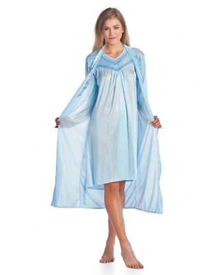 Casual Nights Women's Satin 2 Piece Robe and Nightgown Set - Embroidered Blue - Size Recommendations: Medium (2-4) Large (6-8) X-Large (10-12) XX-Large (14-16), Order size up for better lounging. Settle in for a quiet evening at home with this soft and cozy Sleepwear Set from Casual Nights, designed in silky satin fabric with a Sexy flowing silhouette. Robe features roomy armholes, self-tie closure, approx. 48" in length. Matching sleeveless chemise nightshirt measures approx. 36" in, different neck styles offered. Wrap up your night in something luxe. Effortless design perfect for Lounging, Relaxing or just layering on. See the selection of beautiful prints and solid colors, styled with delicate ruffles, elegant embroidery, lace, contrast trimming, or bow. Choose the set that suits you best! 