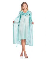 Casual Nights Women's Satin 2 Piece Robe and Nightgown Set - Embroidered Green