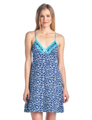 Casual Nights Women's Sleepwear Camisole Nightshirt Nightie - Blue Floral - This Women's Fancy Lace Chemise Nightshirt is made from lightweight soft 55% Cotton/ 40% Polyester/ 5% Spandex fabric. Camisole sleep shirt Features; lace at the neck, satin bow accent, A-line silhouette, adjustable spaghetti straps, mid-thigh length approx. 31" inches excluding straps. Wear as slip undershirt under your cloths or add to your sleepwear collection, alone or with a pajama shorts or pants. 