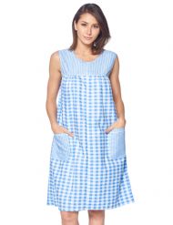 Casual Nights Women's Zipper Front House Dress Sleeveless Seersucker Housecoat Duster Lounger - Gingham Blue