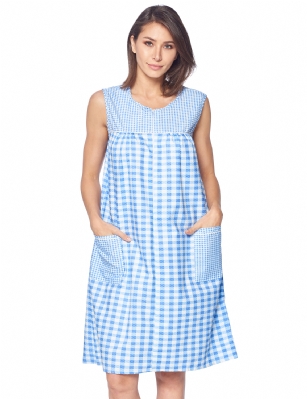 Casual Nights Women's Zipper Front House Dress Sleeveless Seersucker Housecoat Duster Lounger - Gingham Blue - This lightweight Cute and comfortable House coat with Zipper front shift dress Duster for ladies from the Casual Night's Lounge and Sleepwear robes Collection, Thin and light spring/time - summer house robe in gingham checkered and polka dots pattern design, this easy to wear dress bathrobe is made of 55% Cotton, 45% Polyester Seersucker fabric. Housedress sleep dress Features: Pull over tank gown with Half zippper front zip up closure for easy wearing and easy put on/off, flattering round scoop neck, 2 roomy front pockets, hits above the knee approx. 40 length. This lounge wear muumuu dress has a relaxed comfortable fit and comes in regular and plus sizes S, M, L, XL, 2X, 3X, 4X. versatile multi uses, throw over your clothes as house robe while cleaning, washing and cooking, wear around the house as relaxed home day waltz dress, a nightgown to sleep in the spring and hot summer nights as a sleepshirt dress, This sleep robe gown is perfect to use for maternity, labor/delivery, hospital gown. Makes a perfect Mother's Day gift for your loved ones, mom, older women or elderly grandmother. Even beautiful enough for outside shopping and walking, comfortable enough for everyday use around the house.  Please use our size chart to determine which size will fit you best, if your measurements fall between two sizes, we recommend ordering a larger size as most people prefer their sleepwear a little looser. Small: Measures US Size 4-6, Chests/Bust 34"-35" Medium: Measures US Size 8-10, Chests/Bust 36"-37" Large: Measures US Size 1214, Chests/Bust 38"-40" X-Large: Measures US Size 16-18, Chests/Bust 41"-43" XX-Large: Measures US Size 18W-20W, Chests/Bust 46-48" 3X-Large: Measures US Size 22W-24W, Chests/Bust 50-52" 4X-Large: Measures US Size 26-28, Chests/Bust 54-56" 