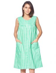 Casual Nights Women's Zipper Front House Dress Sleeveless Seersucker Housecoat Duster Lounger - Gingham Green