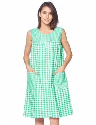Casual Nights Women's Zipper Front House Dress Sleeveless Seersucker Housecoat Duster Lounger - Gingham Green - This lightweight Cute and comfortable House coat with Zipper front shift dress Duster for ladies from the Casual Night's Lounge and Sleepwear robes Collection, Thin and light spring/time - summer house robe in gingham checkered and polka dots pattern design, this easy to wear dress bathrobe is made of 55% Cotton, 45% Polyester Seersucker fabric. Housedress sleep dress Features: Pull over tank gown with Half zippper front zip up closure for easy wearing and easy put on/off, flattering round scoop neck, 2 roomy front pockets, hits above the knee approx. 40 length. This lounge wear muumuu dress has a relaxed comfortable fit and comes in regular and plus sizes S, M, L, XL, 2X, 3X, 4X. versatile multi uses, throw over your clothes as house robe while cleaning, washing and cooking, wear around the house as relaxed home day waltz dress, a nightgown to sleep in the spring and hot summer nights as a sleepshirt dress, This sleep robe gown is perfect to use for maternity, labor/delivery, hospital gown. Makes a perfect Mother's Day gift for your loved ones, mom, older women or elderly grandmother. Even beautiful enough for outside shopping and walking, comfortable enough for everyday use around the house.  Please use our size chart to determine which size will fit you best, if your measurements fall between two sizes, we recommend ordering a larger size as most people prefer their sleepwear a little looser. Small: Measures US Size 4-6, Chests/Bust 34"-35" Medium: Measures US Size 8-10, Chests/Bust 36"-37" Large: Measures US Size 1214, Chests/Bust 38"-40" X-Large: Measures US Size 16-18, Chests/Bust 41"-43" XX-Large: Measures US Size 18W-20W, Chests/Bust 46-48" 3X-Large: Measures US Size 22W-24W, Chests/Bust 50-52" 4X-Large: Measures US Size 26-28, Chests/Bust 54-56" 