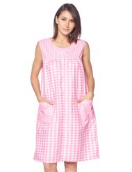 Casual Nights Women's Zipper Front House Dress Sleeveless Seersucker Housecoat Duster Lounger - Gingham Pink