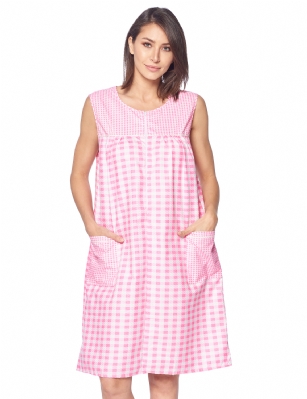 Casual Nights Women's Zipper Front House Dress Sleeveless Seersucker Housecoat Duster Lounger - Gingham Pink - This lightweight Cute and comfortable House coat with Zipper front shift dress Duster for ladies from the Casual Night's Lounge and Sleepwear robes Collection, Thin and light spring/time - summer house robe in gingham checkered and polka dots pattern design, this easy to wear dress bathrobe is made of 55% Cotton, 45% Polyester Seersucker fabric. Housedress sleep dress Features: Pull over tank gown with Half zippper front zip up closure for easy wearing and easy put on/off, flattering round scoop neck, 2 roomy front pockets, hits above the knee approx. 40 length. This lounge wear muumuu dress has a relaxed comfortable fit and comes in regular and plus sizes S, M, L, XL, 2X, 3X, 4X. versatile multi uses, throw over your clothes as house robe while cleaning, washing and cooking, wear around the house as relaxed home day waltz dress, a nightgown to sleep in the spring and hot summer nights as a sleepshirt dress, This sleep robe gown is perfect to use for maternity, labor/delivery, hospital gown. Makes a perfect Mother's Day gift for your loved ones, mom, older women or elderly grandmother. Even beautiful enough for outside shopping and walking, comfortable enough for everyday use around the house.  Please use our size chart to determine which size will fit you best, if your measurements fall between two sizes, we recommend ordering a larger size as most people prefer their sleepwear a little looser. Small: Measures US Size 4-6, Chests/Bust 34"-35" Medium: Measures US Size 8-10, Chests/Bust 36"-37" Large: Measures US Size 1214, Chests/Bust 38"-40" X-Large: Measures US Size 16-18, Chests/Bust 41"-43" XX-Large: Measures US Size 18W-20W, Chests/Bust 46-48" 3X-Large: Measures US Size 22W-24W, Chests/Bust 50-52" 4X-Large: Measures US Size 26-28, Chests/Bust 54-56" 