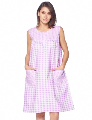 Casual Nights Women's Zipper Front House Dress Sleeveless Seersucker Housecoat Duster Lounger - Gingham Purple - This lightweight Cute and comfortable House coat with Zipper front shift dress Duster for ladies from the Casual Night's Lounge and Sleepwear robes Collection, Thin and light spring/time - summer house robe in gingham checkered and polka dots pattern design, this easy to wear dress bathrobe is made of 55% Cotton, 45% Polyester Seersucker fabric. Housedress sleep dress Features: Pull over tank gown with Half zippper front zip up closure for easy wearing and easy put on/off, flattering round scoop neck, 2 roomy front pockets, hits above the knee approx. 40 length. This lounge wear muumuu dress has a relaxed comfortable fit and comes in regular and plus sizes S, M, L, XL, 2X, 3X, 4X. versatile multi uses, throw over your clothes as house robe while cleaning, washing and cooking, wear around the house as relaxed home day waltz dress, a nightgown to sleep in the spring and hot summer nights as a sleepshirt dress, This sleep robe gown is perfect to use for maternity, labor/delivery, hospital gown. Makes a perfect Mother's Day gift for your loved ones, mom, older women or elderly grandmother. Even beautiful enough for outside shopping and walking, comfortable enough for everyday use around the house.  Please use our size chart to determine which size will fit you best, if your measurements fall between two sizes, we recommend ordering a larger size as most people prefer their sleepwear a little looser. Small: Measures US Size 4-6, Chests/Bust 34"-35" Medium: Measures US Size 8-10, Chests/Bust 36"-37" Large: Measures US Size 1214, Chests/Bust 38"-40" X-Large: Measures US Size 16-18, Chests/Bust 41"-43" XX-Large: Measures US Size 18W-20W, Chests/Bust 46-48" 3X-Large: Measures US Size 22W-24W, Chests/Bust 50-52" 4X-Large: Measures US Size 26-28, Chests/Bust 54-56" 
