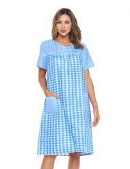 Casual Nights Women's Snap Front House Dress Short Sleeve Seersucker Duster Housecoat Lounger - Gingham Blue