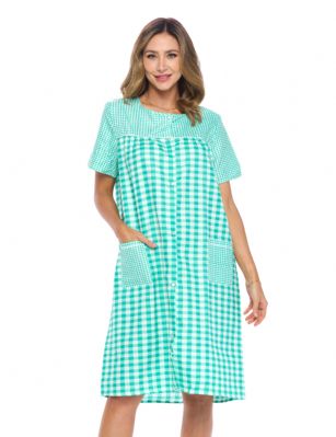 Casual Nights Women's Snap Front House Dress Short Sleeve Seersucker Duster Housecoat Lounger - Gingham Green - This lightweight Cute and comfortable House coat with Snaps down front closure Duster for ladies from the Casual Nights Loungewear and Sleepwear robes Collection, Thin and light house robe, in Beautiful Gingham print pattern designs. this easy to wear dresscoat bathrobe is made of 15% Cotton, 85% Poly , perfect for spring and summer! The sleep Housedress Features: short sleeves gown with full Snaps front closure for easy wearing and easy slipping on/off, flattering round crew scoop neck with front white yoke, 2 roomy side seam hand pockets, knee length approx. 40 Shoulder to hem. This lounge wear muumuu dress has a relaxed comfortable fit and comes in regular and plus sizes S, M, L, XL, 2X, 3X, 4X. All year winter and summer versatile multi uses, throw over your clothes as house robe while cleaning, washing and cooking, wear around the house as relaxed home day waltz dress, a nightgown to sleep in the spring and hot summer nights as a sleepshirt dress, This sleep robe gown is perfect to use for maternity, labor/delivery, hospital gown. Makes a perfect Mothers Day gift for your loved ones, mom, older women or elderly grandmother. Even beautiful enough for outside shopping and walking, comfortable enough for everyday use around the house. Please use our size chart to determine which size will fit you best, if your measurements fall between two sizes, we recommend ordering a larger size as most people prefer their sleepwear a little looser. Small: Measures US Size 4-6, Chests/Bust 34"-35" Medium: Measures US Size 8-10, Chests/Bust 36"-37" Large: Measures US Size 1214, Chests/Bust 38"-40" X-Large: Measures US Size 16-18, Chests/Bust 41"-43" XX-Large: Measures US Size 18W-20W, Chests/Bust 46-48" 3X-Large: Measures US Size 22W-24W, Chests/Bust 50-52" 4X-Large: Measures US Size 26-28, Chests/Bust 54-56" 