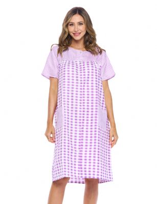Casual Nights Women's Snap Front House Dress Short Sleeve Seersucker Duster Housecoat Lounger - Gingham Purple - This lightweight Cute and comfortable House coat with Snaps down front closure Duster for ladies from the Casual Nights Loungewear and Sleepwear robes Collection, Thin and light house robe, in Beautiful Gingham print pattern designs. this easy to wear dresscoat bathrobe is made of 15% Cotton, 85% Poly , perfect for spring and summer! The sleep Housedress Features: short sleeves gown with full Snaps front closure for easy wearing and easy slipping on/off, flattering round crew scoop neck with front white yoke, 2 roomy side seam hand pockets, knee length approx. 40 Shoulder to hem. This lounge wear muumuu dress has a relaxed comfortable fit and comes in regular and plus sizes S, M, L, XL, 2X, 3X, 4X. All year winter and summer versatile multi uses, throw over your clothes as house robe while cleaning, washing and cooking, wear around the house as relaxed home day waltz dress, a nightgown to sleep in the spring and hot summer nights as a sleepshirt dress, This sleep robe gown is perfect to use for maternity, labor/delivery, hospital gown. Makes a perfect Mothers Day gift for your loved ones, mom, older women or elderly grandmother. Even beautiful enough for outside shopping and walking, comfortable enough for everyday use around the house. Please use our size chart to determine which size will fit you best, if your measurements fall between two sizes, we recommend ordering a larger size as most people prefer their sleepwear a little looser. Small: Measures US Size 4-6, Chests/Bust 34"-35" Medium: Measures US Size 8-10, Chests/Bust 36"-37" Large: Measures US Size 1214, Chests/Bust 38"-40" X-Large: Measures US Size 16-18, Chests/Bust 41"-43" XX-Large: Measures US Size 18W-20W, Chests/Bust 46-48" 3X-Large: Measures US Size 22W-24W, Chests/Bust 50-52" 4X-Large: Measures US Size 26-28, Chests/Bust 54-56" 