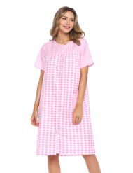 Casual Nights Women's Snap Front House Dress Short Sleeve Seersucker Duster Housecoat Lounger - Gingham Pink