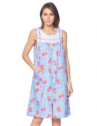 Casual Nights Women's Woven Zip Front House Dress Sleeveless Housecoat Duster Lounger Sleep Gown - Floral Blue